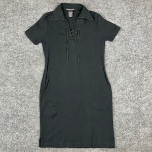CYC Dress Womens Size L Black Polo Collar Lace Up Short Sleeve Casual Mini Fit